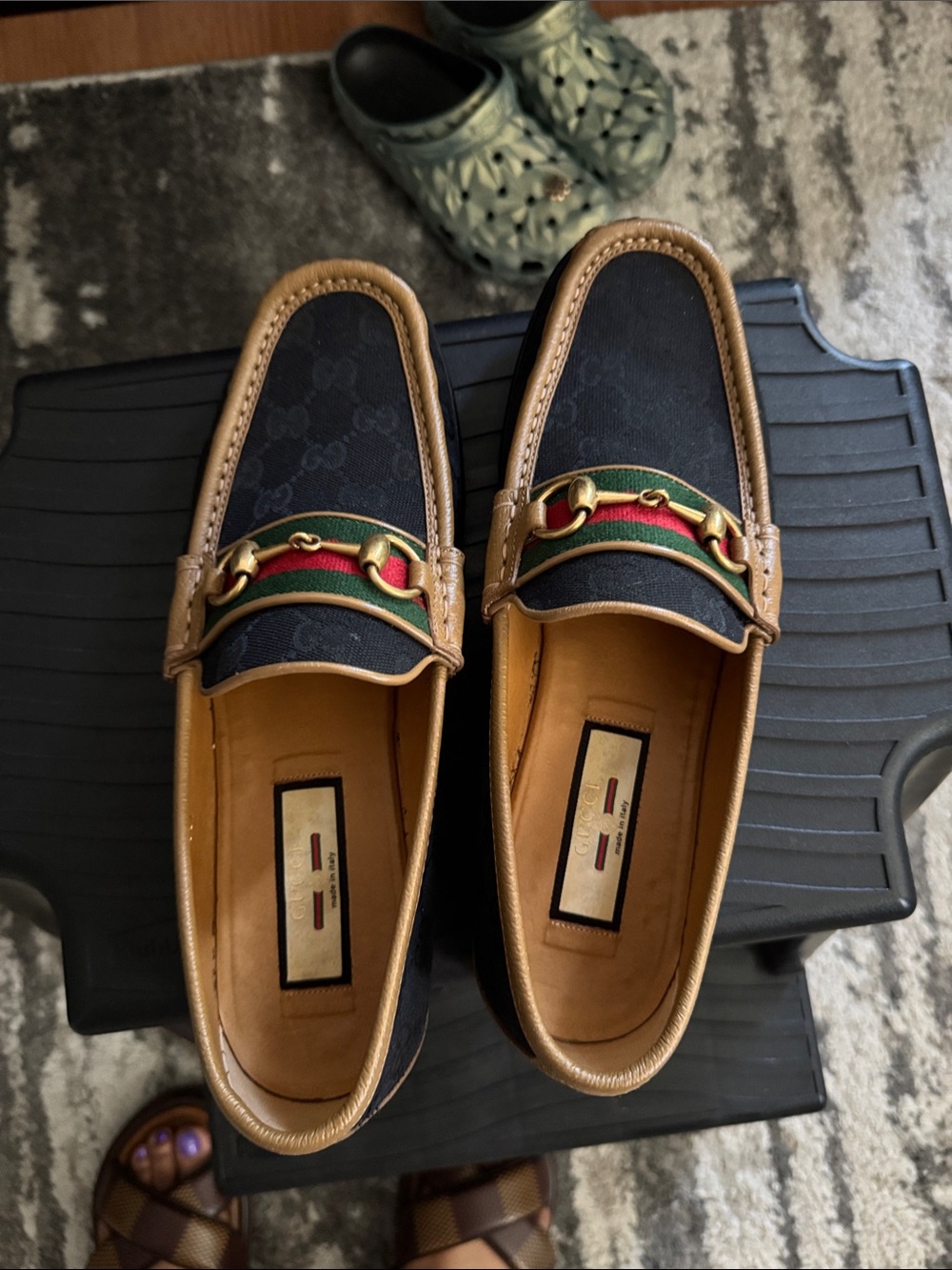 Gucci Designer-Inspired Men’s Black and Tan Leather-Trim Loafers